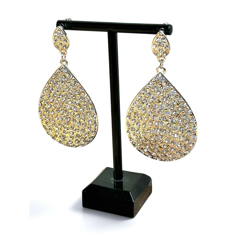 Gold Tone Sparkly Pave Rhinestone Teardrop Dangle Earrings